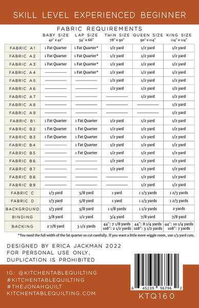 Image of the Kitchen Table Quilting The Jonah Quilt Quilt Pattern for Riley Blake Designs. Features the fabric requirements for the 5 sizes. 
Cute Little Fabric Shop