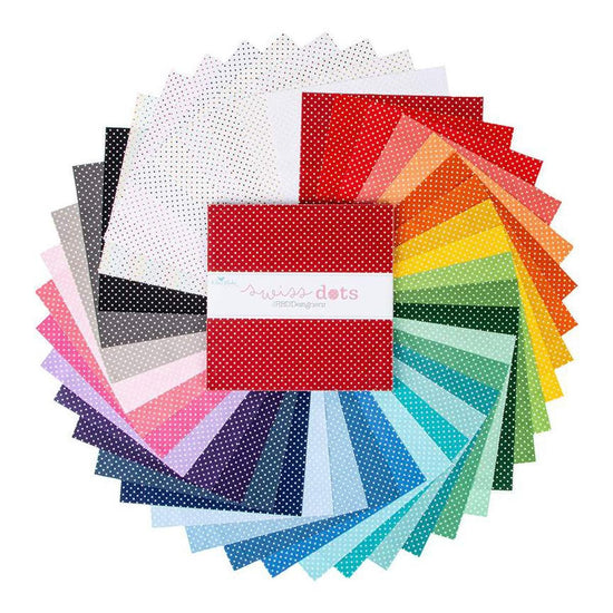 Image of the Swiss Dot 10" Stacker by Riley Blake Designs. Features dots on various backgrounds. 
Cute Little Fabric Shop