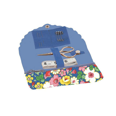 Image of the Liberty Fabrics Fabric Sewing Roll Hedgerow Bloom by Lori Holt Fabric Shop. Features a blue case with 1 embroidery scissors, 1 tape measure, 3 safety pins, and 3 needles. 
Cute Little Fabric Shop