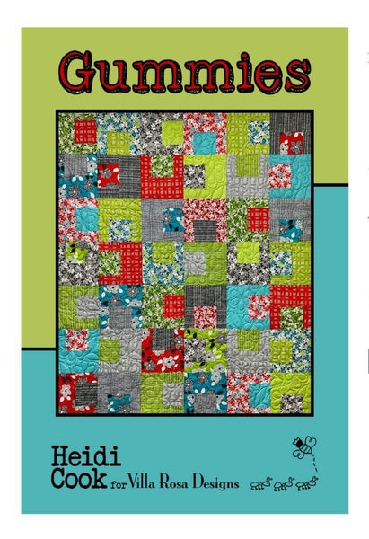 Image of the Gummies quilt pattern by Villa Rosa Designs for Riley Blake Designs. Features red, green, grey, and aqua squares on a quilt.
Cute Little Fabric Shop