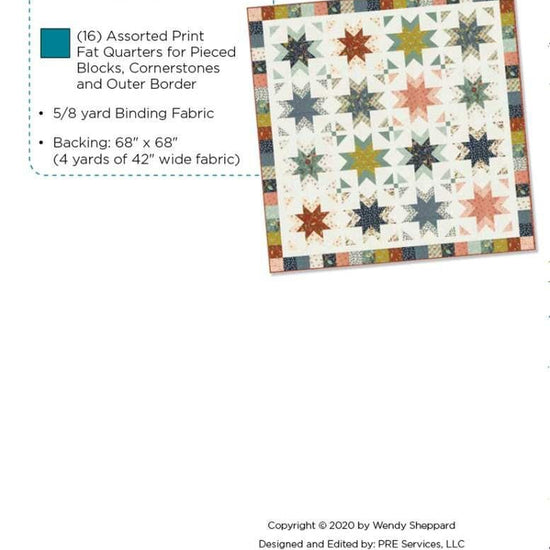Image of the Sparklers quilt pattern by Wendy Sheppard for Riley Blake Designs. Features the fabric requirements. 
Cute Little Fabric Shop