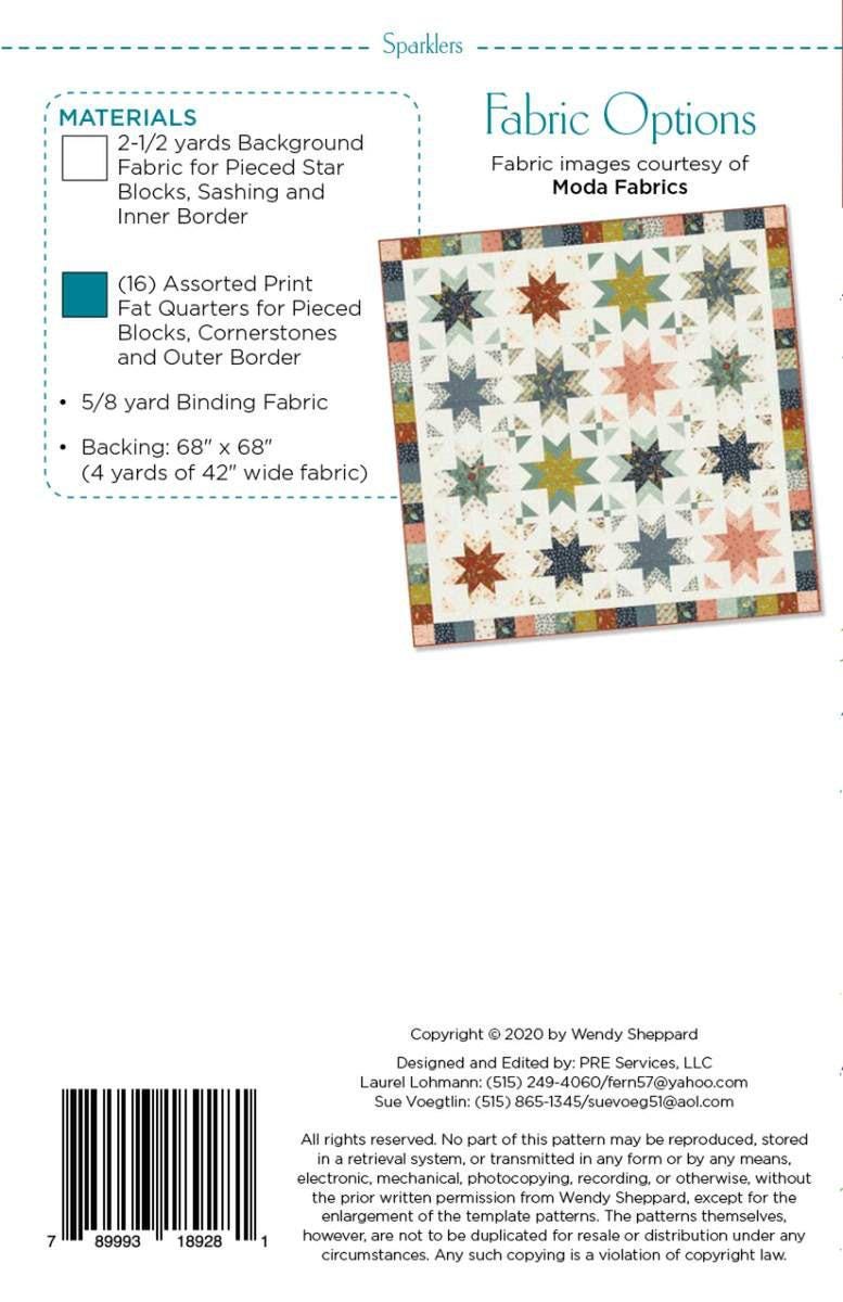 Image of the Sparklers quilt pattern by Wendy Sheppard for Riley Blake Designs. Features the fabric requirements. 
Cute Little Fabric Shop