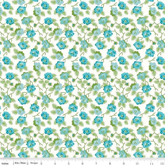 Image of the Granny Chic Dishes Blue quilting cotton fabric by Lori Holt for Riley Blake Designs. Features a scattered flower with leaves and vines on a white background. 
Cute Little Fabric Shop