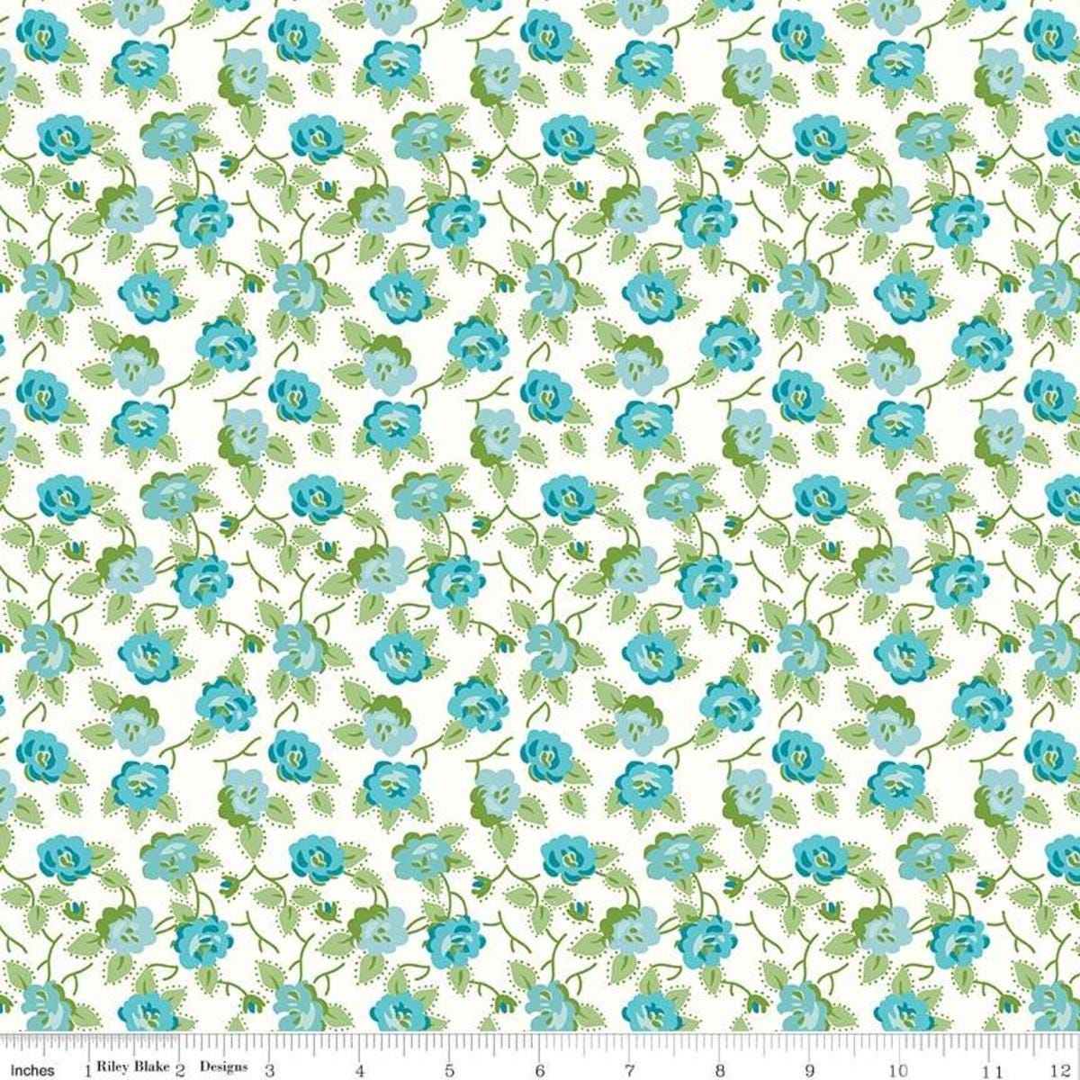 Image of the Granny Chic Dishes Blue quilting cotton fabric by Lori Holt for Riley Blake Designs. Features a scattered flower with leaves and vines on a white background. 
Cute Little Fabric Shop