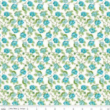Image of the Granny Chic Dishes Blue quilting cotton fabric by Lori Holt for Riley Blake Designs. Features a scattered flower with leaves and vines on a white background. 
Cute Little Fabric Shop