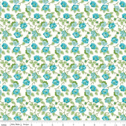 Image of the Granny Chic Dishes Blue quilting cotton fabric by Lori Holt for Riley Blake Designs. Features a scattered flower with leaves and vines on a white background. 
Cute Little Fabric Shop