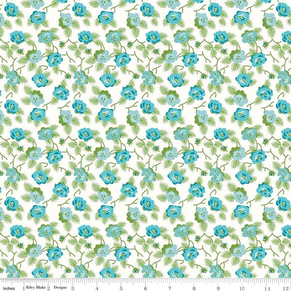 Image of the Granny Chic Dishes Blue quilting cotton fabric by Lori Holt for Riley Blake Designs. Features a scattered flower with leaves and vines on a white background. 
Cute Little Fabric Shop