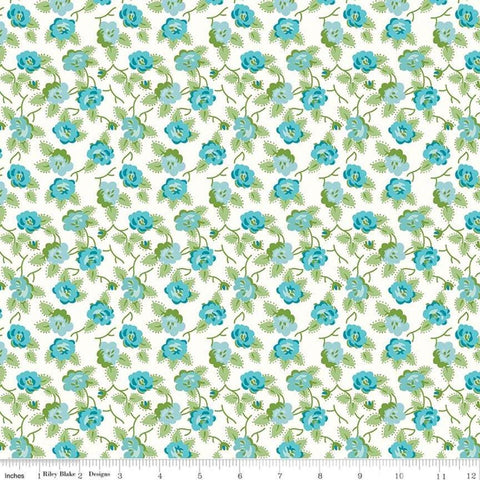 Image of the Granny Chic Dishes Blue quilting cotton fabric by Lori Holt for Riley Blake Designs. Features a scattered flower with leaves and vines on a white background. 
Cute Little Fabric Shop