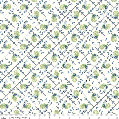Image of the Cook Book Rooster Cottage quilting cotton by Lori Holt for Riley Blake Designs. Features blue and green roosters on a white background. 
Cute Little Fabric Shop