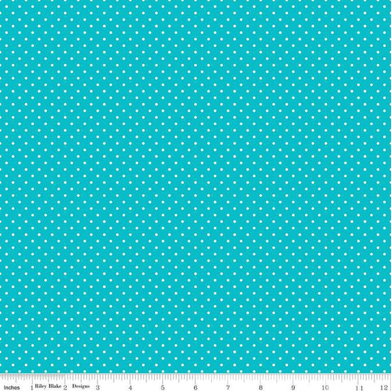Image of the Swiss Dot Mermaid's Tail quilting cotton fabric by The RBD Designers for Riley Blake Designs. Features white dots on bright blue swiss dots. 
Cute Little Fabric Shop