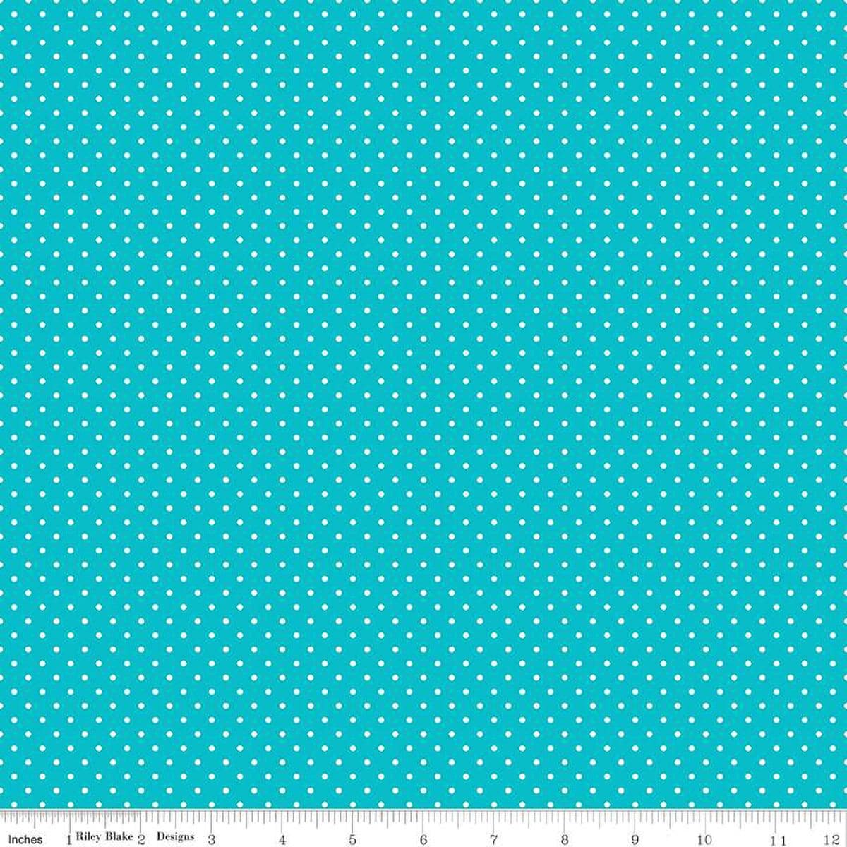 Image of the Swiss Dot Mermaid's Tail quilting cotton fabric by The RBD Designers for Riley Blake Designs. Features white dots on bright blue swiss dots. 
Cute Little Fabric Shop