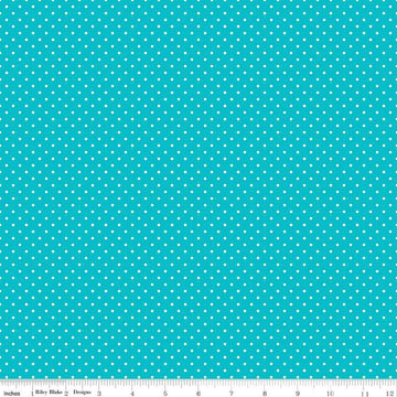 Image of the Swiss Dot Mermaid's Tail quilting cotton fabric by The RBD Designers for Riley Blake Designs. Features white dots on bright blue swiss dots. 
Cute Little Fabric Shop