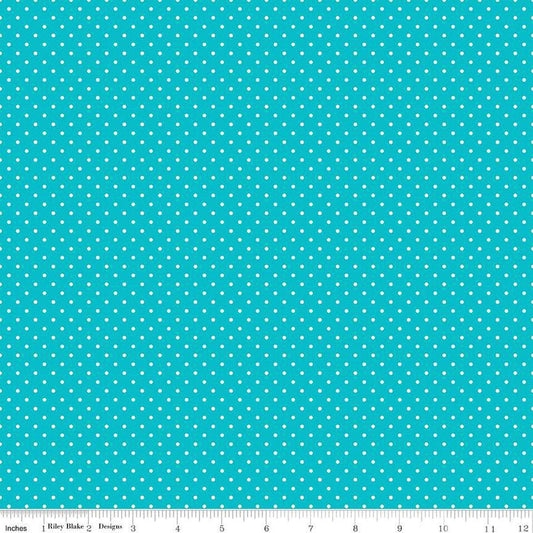 Image of the Swiss Dot Mermaid's Tail quilting cotton fabric by The RBD Designers for Riley Blake Designs. Features white dots on bright blue swiss dots. 
Cute Little Fabric Shop