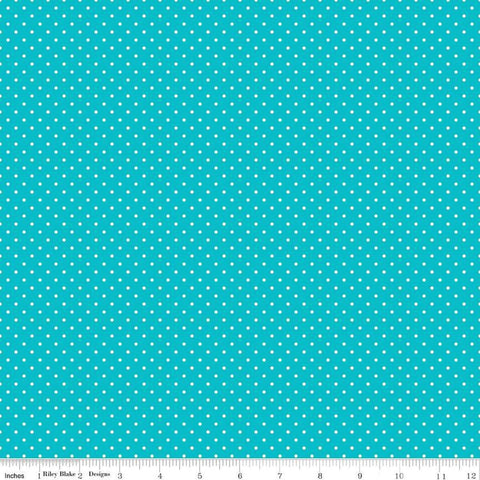 Image of the Swiss Dot Mermaid&#39;s Tail quilting cotton fabric by The RBD Designers for Riley Blake Designs. Features white dots on bright blue swiss dots. 
Cute Little Fabric Shop