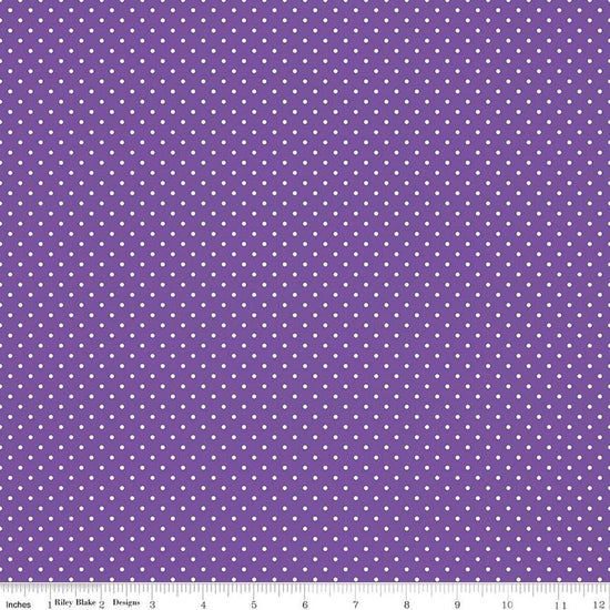 Image of the Swiss Dot Iris quilting cotton fabric by The RBD Designers for Riley Blake Designs. Features white dots on purple swiss dots. 
Cute Little Fabric Shop