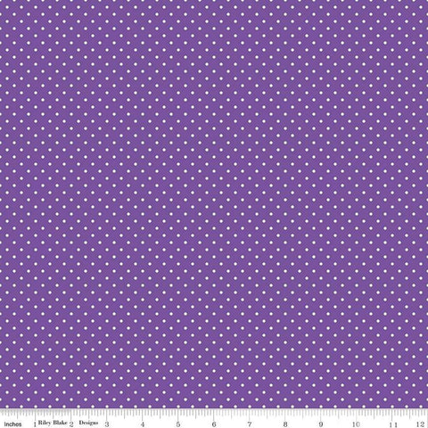 Image of the Swiss Dot Iris quilting cotton fabric by The RBD Designers for Riley Blake Designs. Features white dots on purple swiss dots. 
Cute Little Fabric Shop