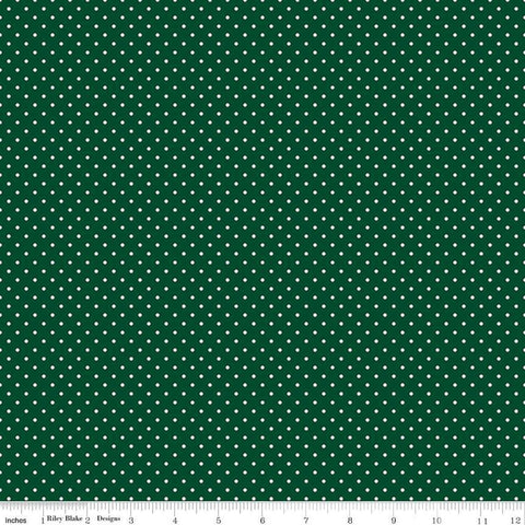 Image of the Swiss Dot Christmas Green quilting cotton fabric by The RBD Designers for Riley Blake Designs. Features white dots on dark green swiss dots. 
Cute Little Fabric Shop