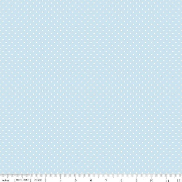 Image of the Swiss Dot Sweet Boy Blue quilting cotton fabric by The RBD Designers for Riley Blake Designs. Features white dots on light blue swiss dots. 
Cute Little Fabric Shop