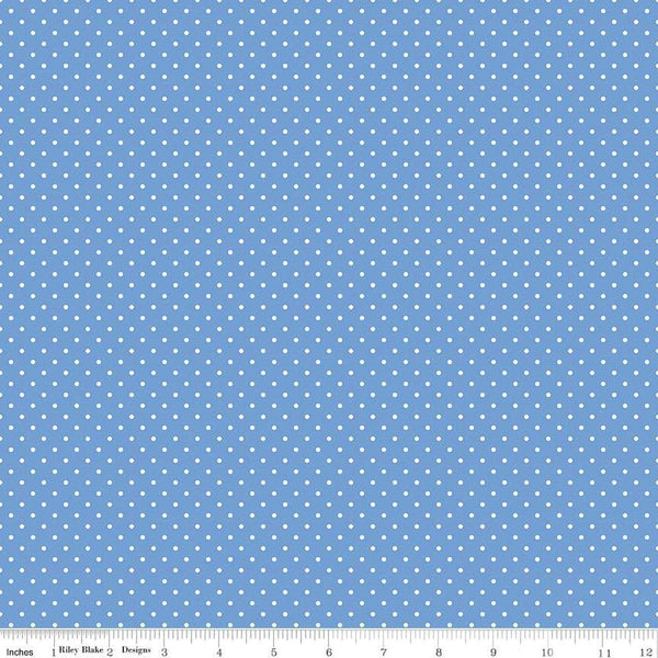 Image of the Swiss Dot Sweet Blueberry quilting cotton fabric by The RBD Designers for Riley Blake Designs. Features white dots on medium blue swiss dots. 
Cute Little Fabric Shop