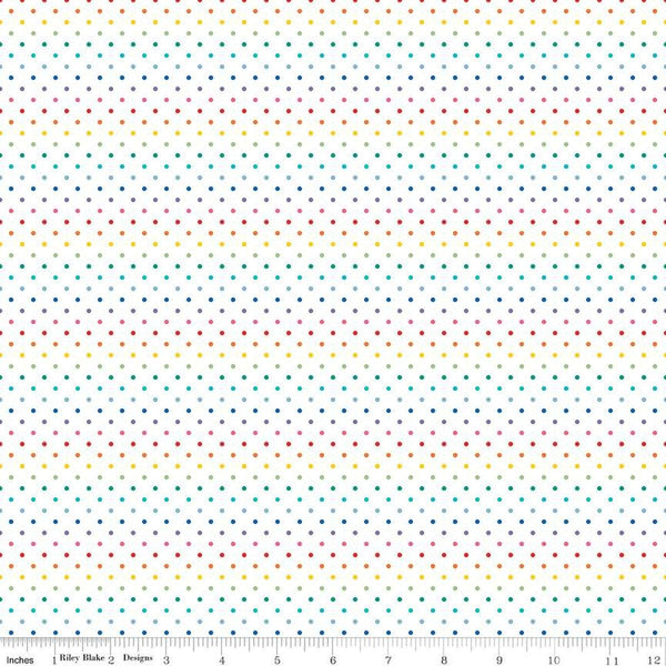 Image of the Swiss Dot on White Rainbow quilting cotton fabric by Riley Blake Designs. Features rainbow colored dots on a white background. 
Cute Little Fabric Shop