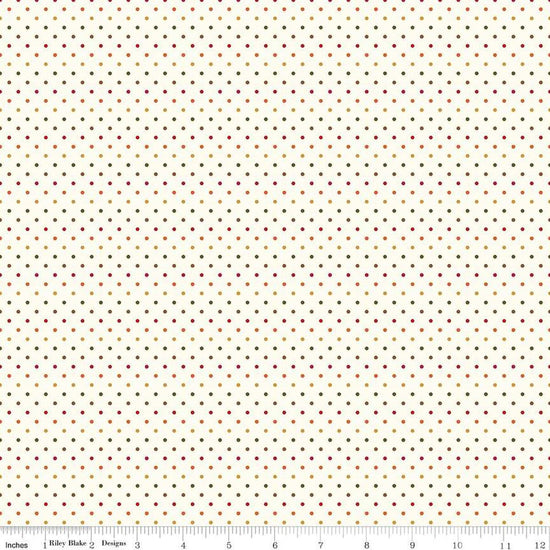 Image of the Swiss Dot Le Crème Autumn quilting cotton fabric by Riley Blake Designs. Features green, yellow, orange, and yellow swiss dots on cream. 
Cute Little Fabric Shop
