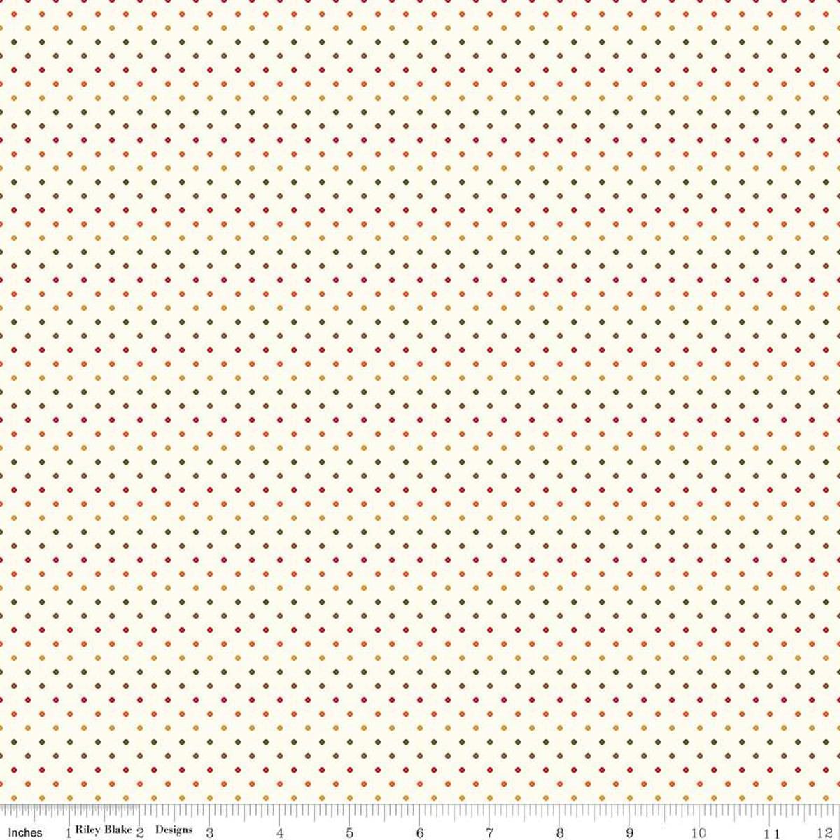 Image of the Swiss Dot Le Crème Autumn quilting cotton fabric by Riley Blake Designs. Features green, yellow, orange, and yellow swiss dots on cream. 
Cute Little Fabric Shop