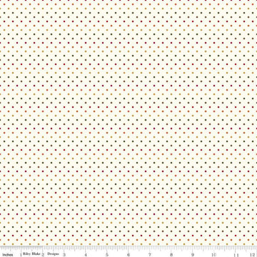 Image of the Swiss Dot Le Crème Autumn quilting cotton fabric by Riley Blake Designs. Features green, yellow, orange, and yellow swiss dots on cream. 
Cute Little Fabric Shop