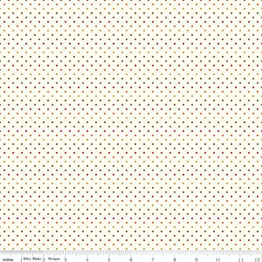 Image of the Swiss Dot Le Crème Autumn quilting cotton fabric by Riley Blake Designs. Features green, yellow, orange, and yellow swiss dots on cream. 
Cute Little Fabric Shop