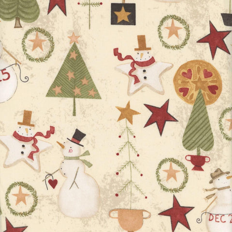 Image of the Kringle Jacks and Trees Cream quilting cotton fabric by Teresa Kogut for Riley Blake Designs. Features snowmen and trees and stars on a cream background. 
Cute Little Fabric Shop