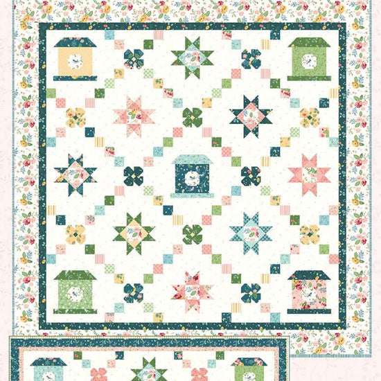 Image of the Melody Lane Quilt and Runner quilt pattern by Beverly McCullough for Riley Blake Designs. Features birdhouses, flowers, and rows of squares on white. 
Cute Little Fabric Shop
