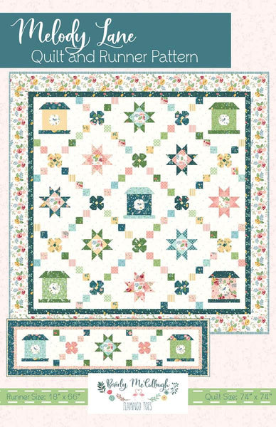 Image of the Melody Lane Quilt and Runner quilt pattern by Beverly McCullough for Riley Blake Designs. Features birdhouses, flowers, and rows of squares on white. 
Cute Little Fabric Shop