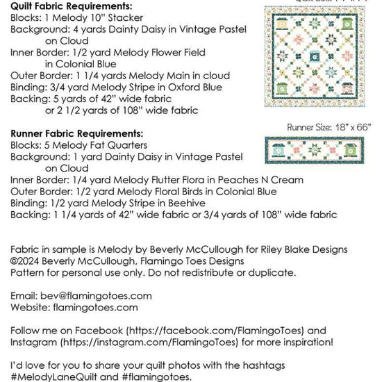 Image of the Melody Lane Quilt and Runner quilt pattern by Beverly McCullough for Riley Blake Designs. Features the fabric requirements for the quilt and runner. 
Cute Little Fabric Shop