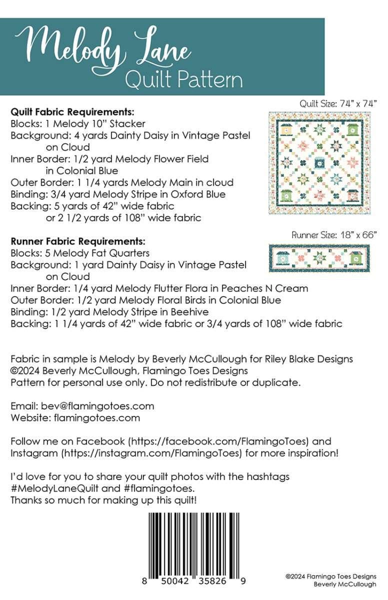 Image of the Melody Lane Quilt and Runner quilt pattern by Beverly McCullough for Riley Blake Designs. Features the fabric requirements for the quilt and runner. 
Cute Little Fabric Shop