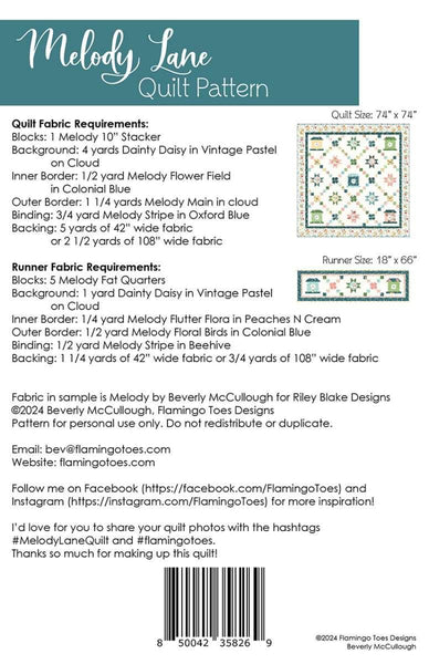 Image of the Melody Lane Quilt and Runner quilt pattern by Beverly McCullough for Riley Blake Designs. Features the fabric requirements for the quilt and runner. 
Cute Little Fabric Shop