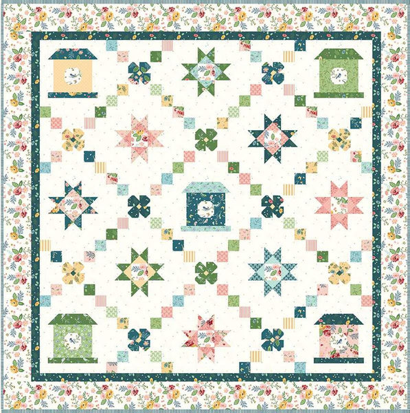 Image of the Melody Lane Quilt and Runner quilt pattern by Beverly McCullough for Riley Blake Designs. Features birdhouses, flowers, and rows of squares on white. 
Cute Little Fabric Shop