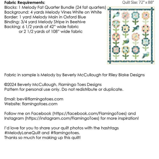 Image of the Songsparrow quilt pattern by Beverly McCullough for Riley Blake Designs. Features the fabric requirements for the quilt. 
Cute Little Fabric Shop
