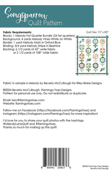 Image of the Songsparrow quilt pattern by Beverly McCullough for Riley Blake Designs. Features the fabric requirements for the quilt. 
Cute Little Fabric Shop