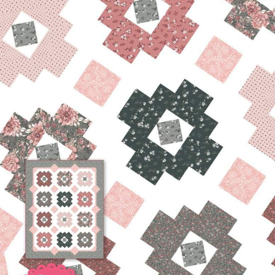 Image of the Daisy Patch quilt pattern by It's Sew Emma for Riley Blake Designs. Features a quilt with pink and grey fabrics. 
Cute Little Fabric Shop