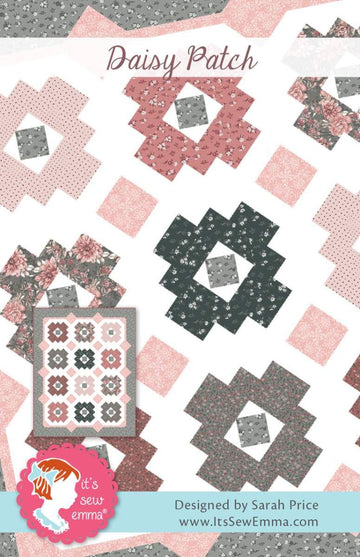 Image of the Daisy Patch quilt pattern by It's Sew Emma for Riley Blake Designs. Features a quilt with pink and grey fabrics. 
Cute Little Fabric Shop