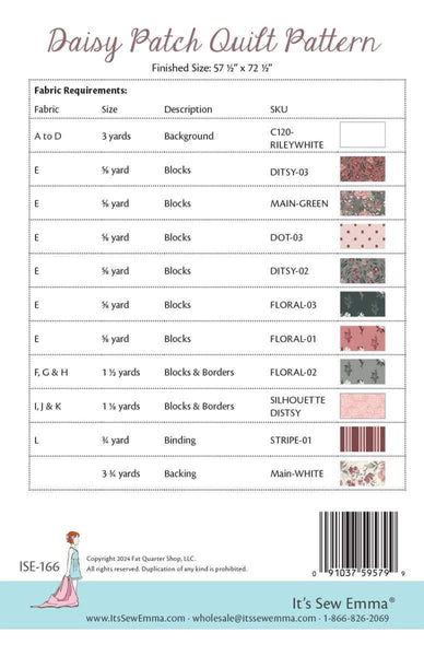 Image of the Daisy Patch quilt pattern by It&#39;s Sew Emma for Riley Blake Designs. Features the fabric requirements to construct the Daisy Patch quilt. 
Cute Little Fabric Shop