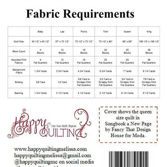 Image of the Tying the Knot quilt pattern by Melissa Corry for Riley Blake Designs. Features the fabric requirements for the quilt. 
Cute Little Fabric Shop