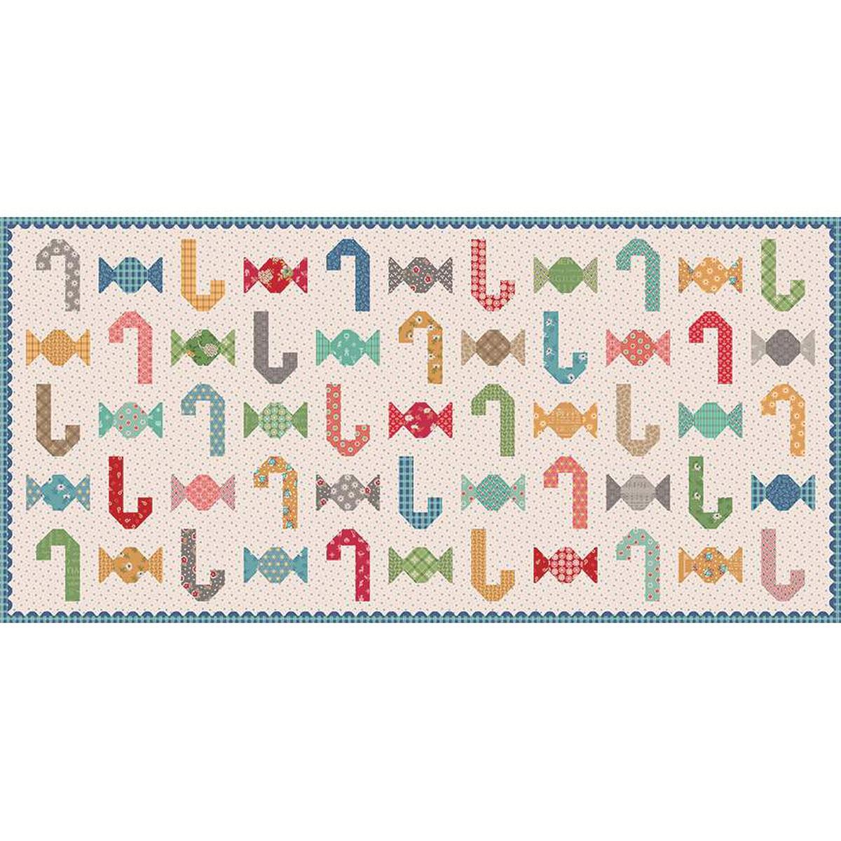 Image of the Christmas Candy Runner Boxed Kit by Lori Holt for Riley Blake Designs. Features candy canes and small candies on a runner kit. 
Cute Little Fabric Shop