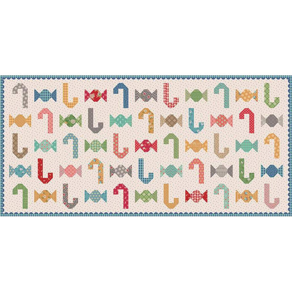 Image of the Christmas Candy Runner Boxed Kit by Lori Holt for Riley Blake Designs. Features candy canes and small candies on a runner kit. 
Cute Little Fabric Shop