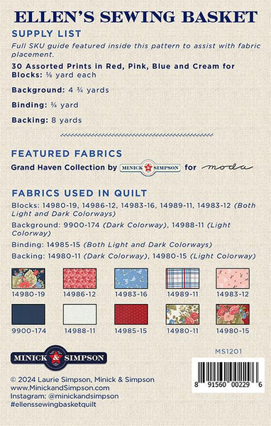 Image of the Ellens Sewing Basket quilt pattern by Minick & Simpson for Moda Fabrics. Features the fabric requirements.
Cute Little Fabric Shop