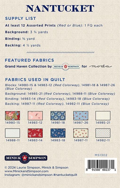 Image of the Nantucket quilt pattern by Minick & Simpson for Moda Fabrics. Features the fabric requirements for the quilt.  
Cute Little Fabric Shop