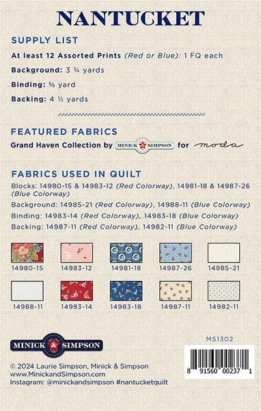 Image of the Nantucket quilt pattern by Minick & Simpson for Moda Fabrics. Features the fabric requirements for the quilt.  
Cute Little Fabric Shop