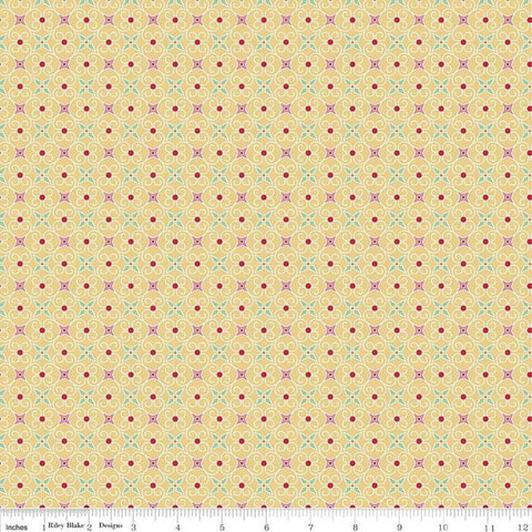 Image of the Cozy Christmas Wrapping Paper Yellow quilting cotton fabric by Lori Holt for Riley Blake Designs. Features swirled geometric designs on a light yellow background.
Cute Little Fabric Shop