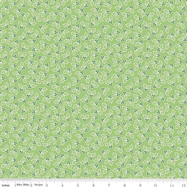 Image of the Cozy Christmas Holly Green fabric by Riley Blake Designs. Features tossed holly and berries. 
Cute Little Fabric Shop