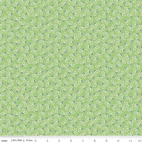 Image of the Cozy Christmas Holly Green fabric by Riley Blake Designs. Features tossed holly and berries. 
Cute Little Fabric Shop