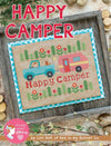Image of the Happy Camper Cross Stitch Pattern by It's Sew Emma for Riley Blake Designs. 
Features a truck and camper cross stitched onto beige fabric. 
Cute Little Fabric Shop
